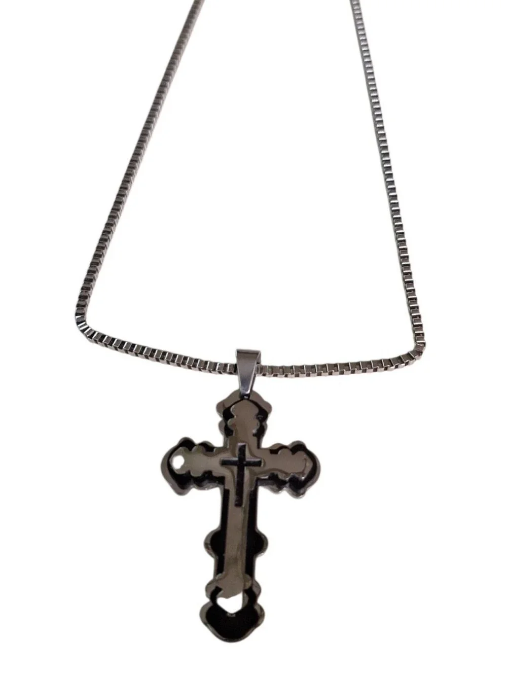 Mens Stainless Steel Two-Tone & Black Cross Pendant Necklace